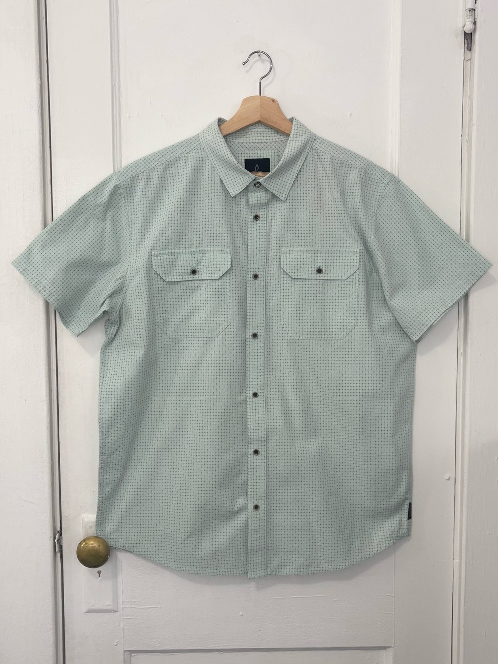 prAna Men's Light Green Blakely Short Sleeve Cotton Blend Button-Up Shirt, Large